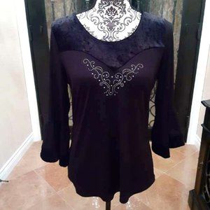 Vintage look Belah & Cody bell sleeve ornate velvet trim stretcy top